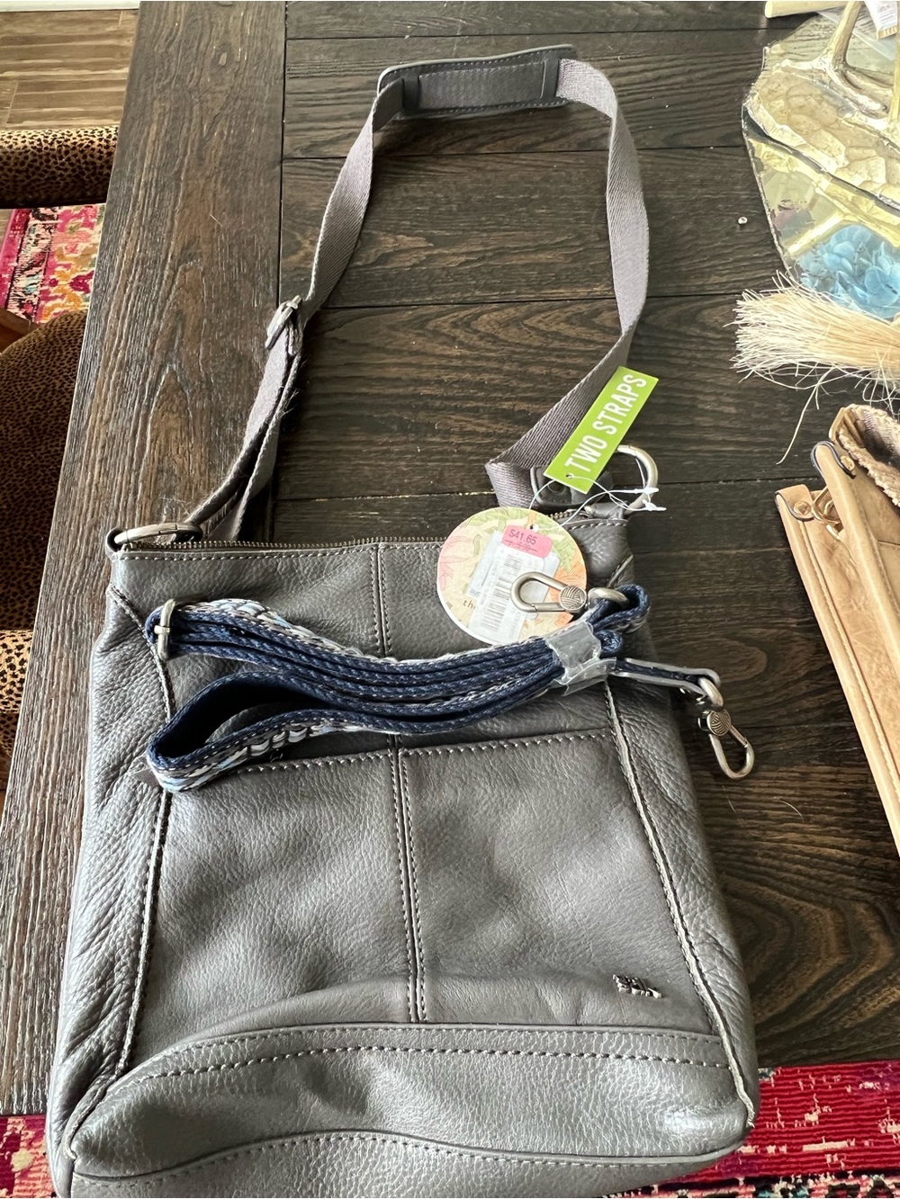 The Sak Gray Crossbody Bag with Navy Strap